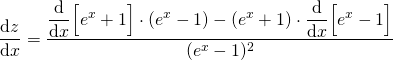 \[ \diff{z}{x} = \frac{\diff{}{x} \Big[ e^x + 1\Big] \cdot (e^x - 1) - (e^x + 1) \cdot \diff{}{x} \Big[ e^x - 1 \Big]}{(e^x - 1)^2} \]